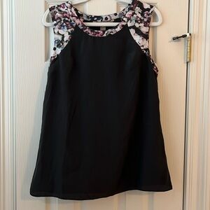 Size Small Black Tank Blouse with Floral Pattern Trim